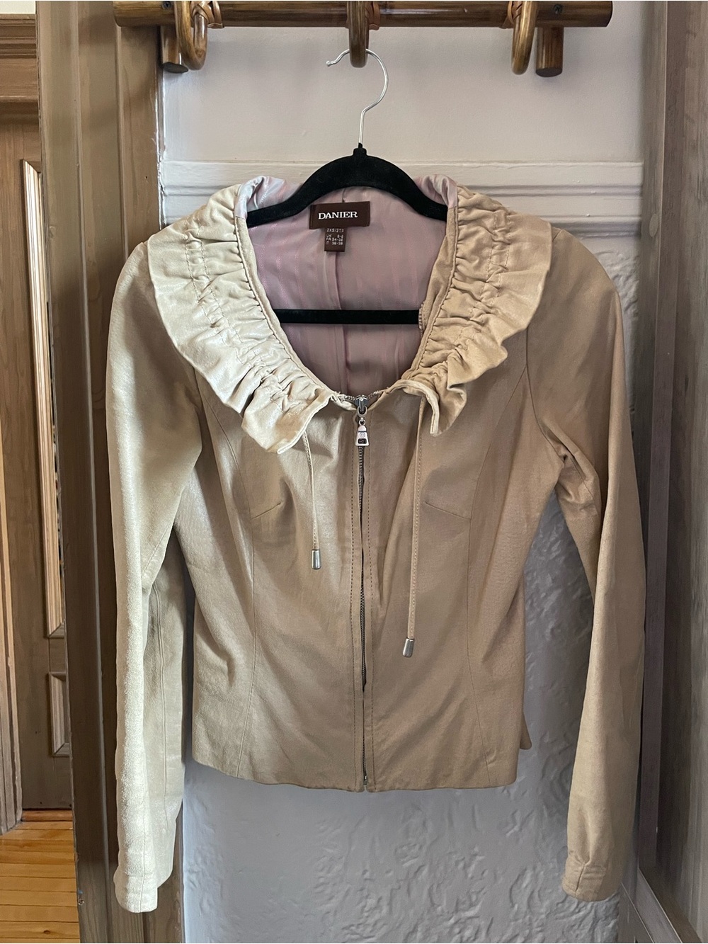 Danier Beige Leather Jacket with Ruffle Collar